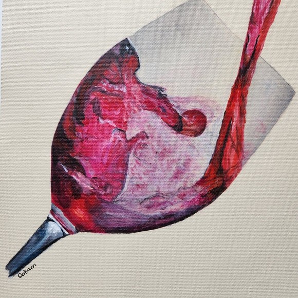 Red Wine Glass Pour Acrylic Canvas Original Painting 9x12 Handmade - Picture 4 of 5